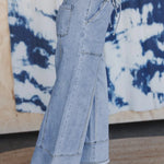 Beau Blue Drawstring Seam Detail Raw Hem Wide Leg Denim Pants