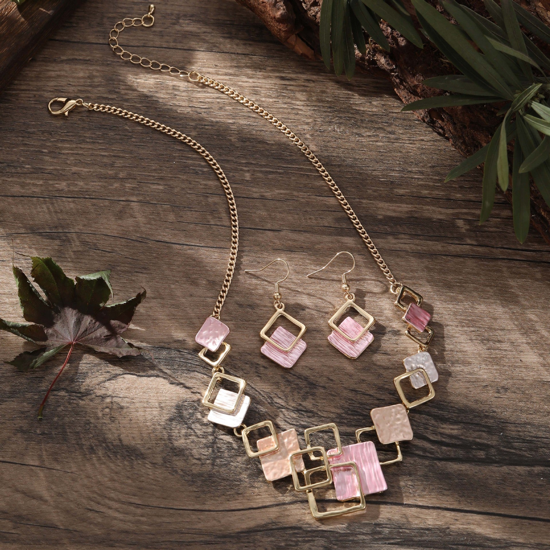 Color Painting Oil Geometric Square Ear Studs Bracelet And Necklace Set