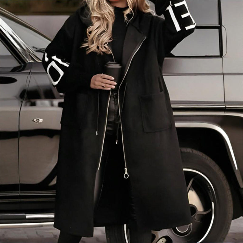 Women's Long Sleeve Letter Print Hooded Coat With Pockets - Zip Front Long Windbreaker For Spring&Fall
