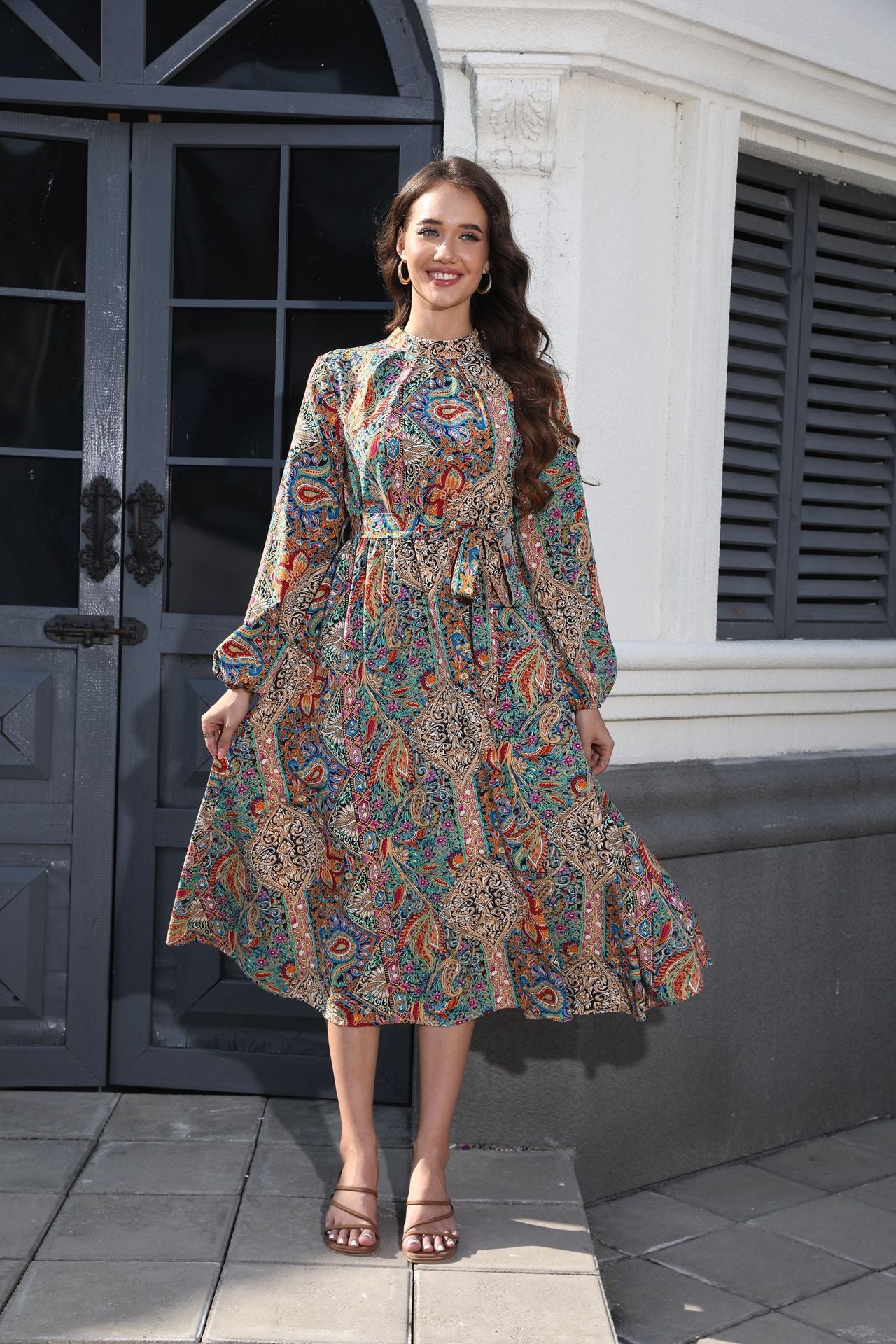 V-neck Smocking Waist-tight Long Printed Dress
