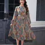 V-neck Smocking Waist-tight Long Printed Dress