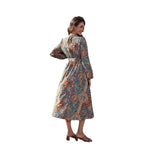V-neck Smocking Waist-tight Long Printed Dress