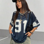 European And American Street Style Large Number Printed V-neck Loose T-shirt