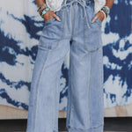 Beau Blue Drawstring Seam Detail Raw Hem Wide Leg Denim Pants