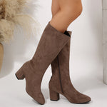 Wide Pointed Toe Chunky Heel Below The Knee Long Boots