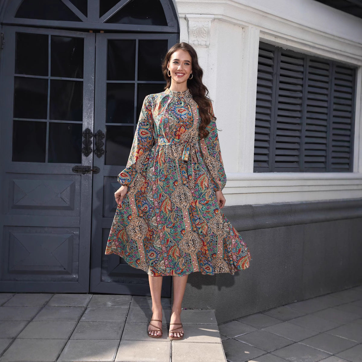 V-neck Smocking Waist-tight Long Printed Dress