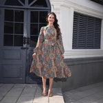 V-neck Smocking Waist-tight Long Printed Dress