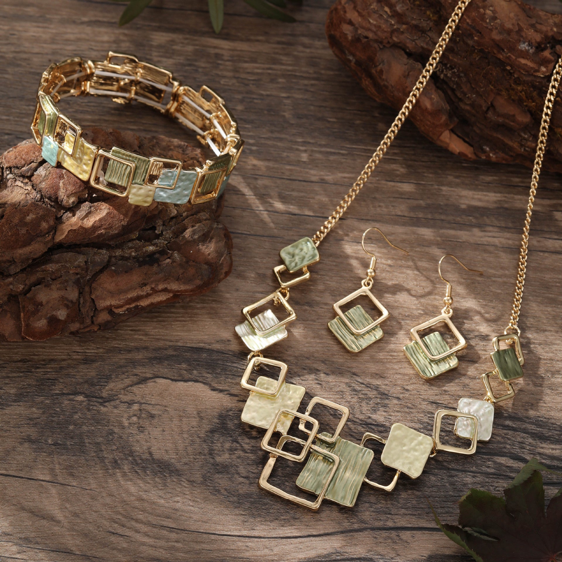 Color Painting Oil Geometric Square Ear Studs Bracelet And Necklace Set