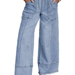 Beau Blue Drawstring Seam Detail Raw Hem Wide Leg Denim Pants