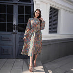 V-neck Smocking Waist-tight Long Printed Dress