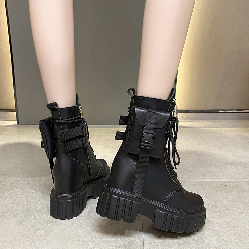 Platform Shoes Female Autumn And Winter Cotton Padded Height Increasing Insole Mid-calf Martin Boots