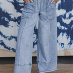 Beau Blue Drawstring Seam Detail Raw Hem Wide Leg Denim Pants
