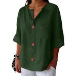 New Style Loose T-shirt For Women With V-neck, Made Of Cotton And Linen, Buttoned Top.