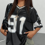 European And American Street Style Large Number Printed V-neck Loose T-shirt